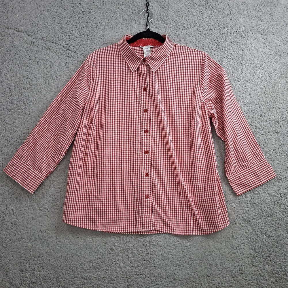 Rebecca Malone Red White Gingham Check Button-Up Shirt XL Cotton BLEND Summer